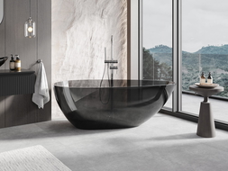 Mexen Glass čierna voľne stojaca vaňa priehľadná 170 x 85 cm, chrómová zátka - 58061708513