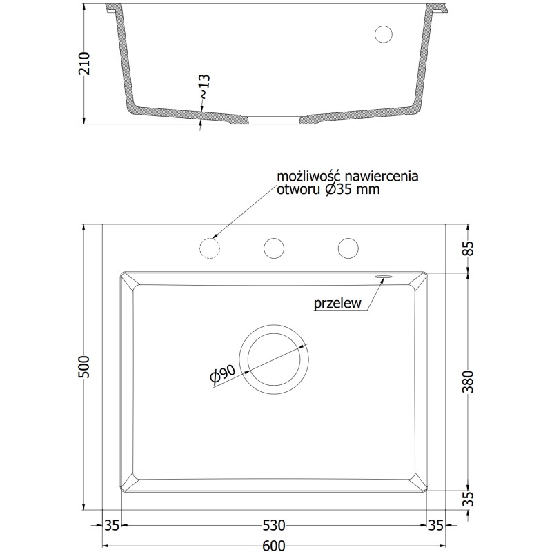 Mexen Elix granitový drez 1-komorový 600 x 500 mm, čierny, sifón chróm - 6525601005-77