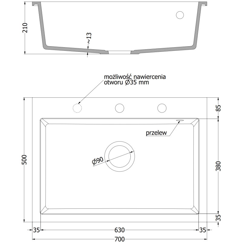 Mexen Elix granitový drez s 1 komorou 700 x 500 mm, čierny/zlatý metalický, sifón chróm - 6526701005-75
