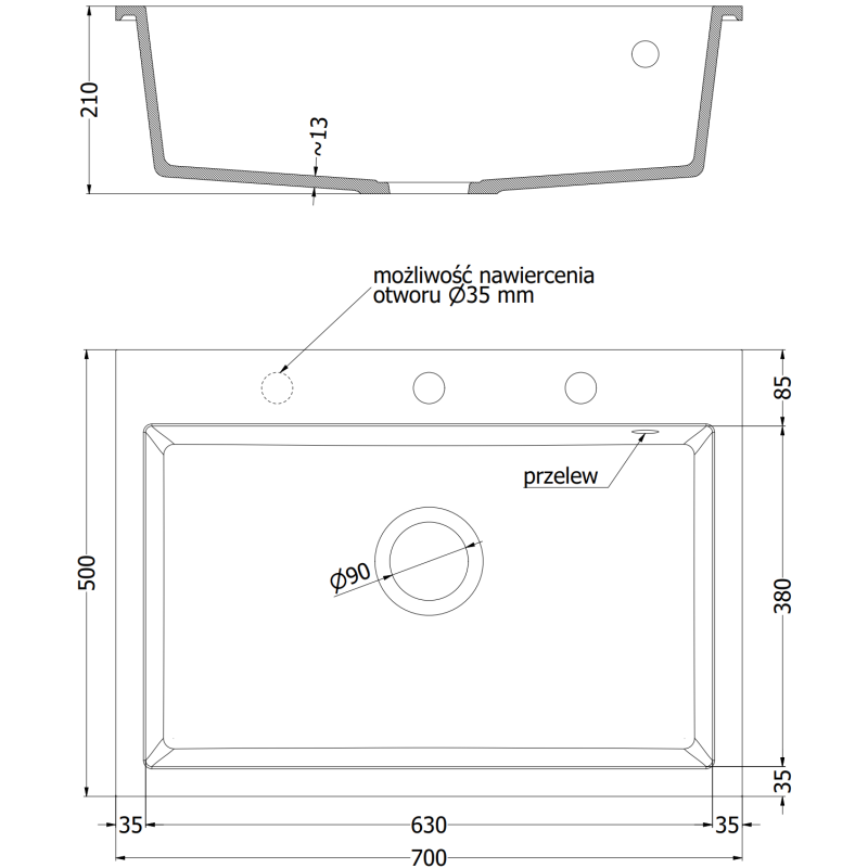 Mexen Elix granitový drez 1-komorový 700 x 500 mm, čierny/zlatý metalik, sifón čierny - 6526701005-75-B