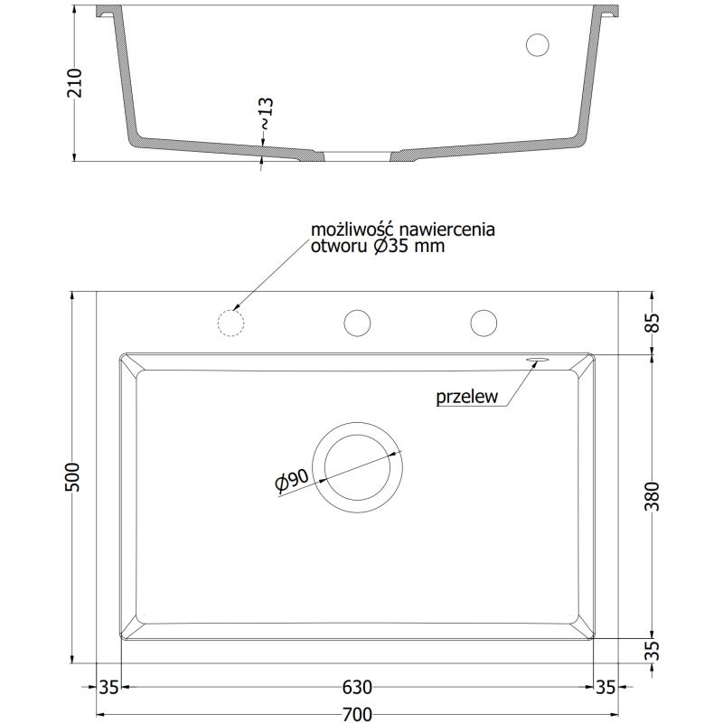Mexen Elix kuchynský drez z granitu, jednokomorový, 700 x 500 mm, čierny, čierny sifón - 6526701005-77-B