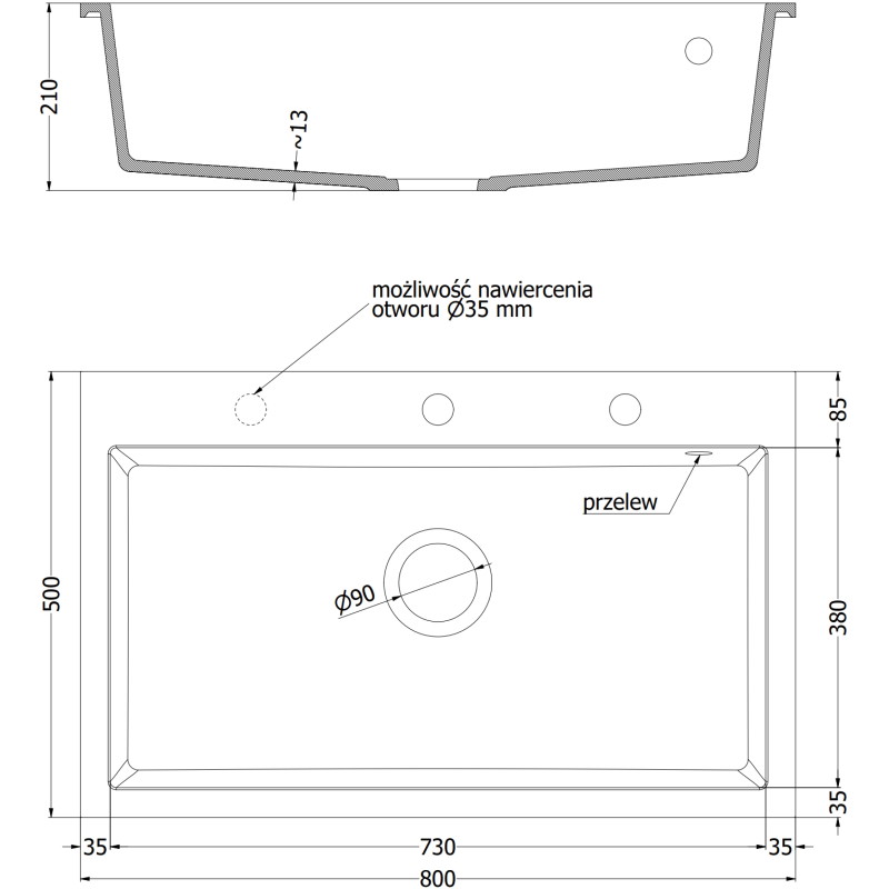 Mexen Elix granitový drez s jednou komorou 800 x 500 mm, čierny/zlatý metalík, chrómový sifón - 6527801005-75