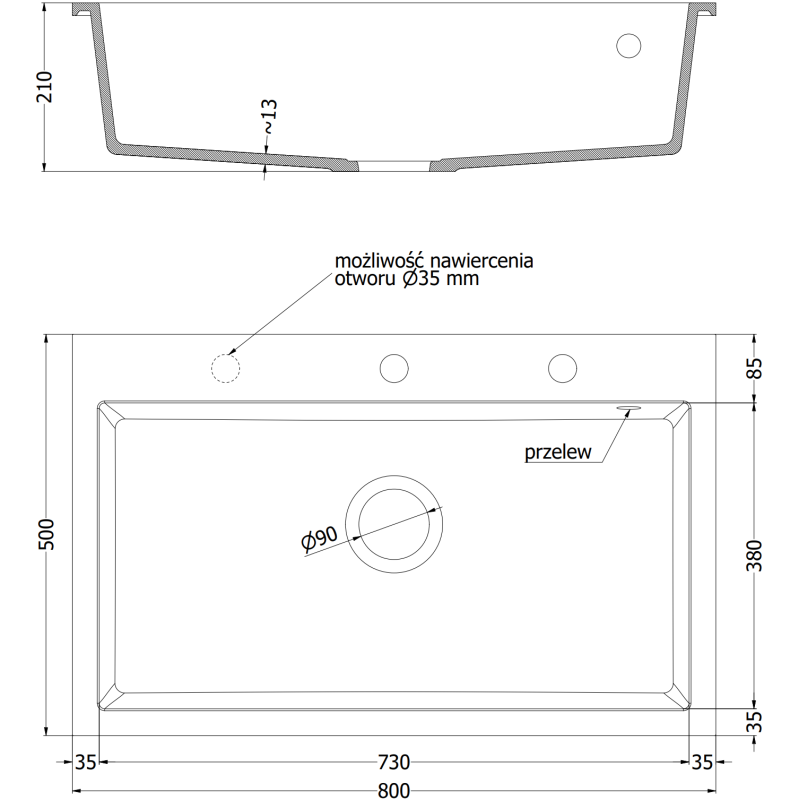 Mexen Elix granitový drez s 1 komorou 800 x 500 mm, čierny s bodkami, chrómový sifón - 6527801005-76