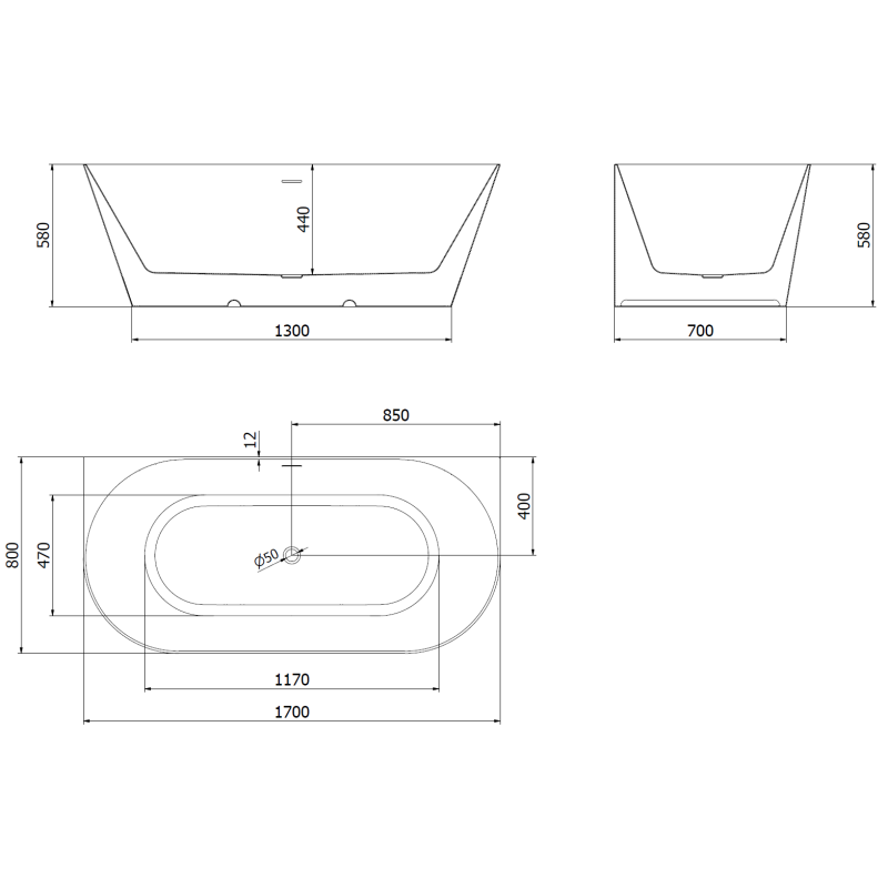 Mexen Oval Slim voľne stojaca vaňa pri stene 170 x 80 cm, biela/čierna, biely prepad - 52661708075-20