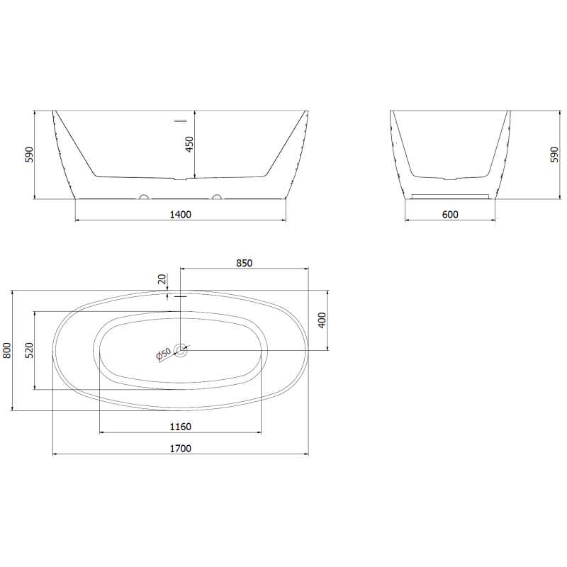 Mexen Olea voľne stojaca vaňa vzor 170 x 80 cm, biela/čierna, prepad gun metal - 52821708075-95