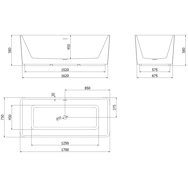 Mexen Nila voľne stojaca ryhovaná vaňa 170 x 75 cm, biela, prepad gun gray brúsený - 52841708000-66