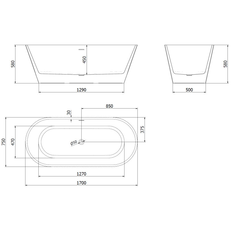 Mexen Yara voľne stojaca ryhovaná vaňa 170 x 75 cm, biela, prepad zlatý kartáčovaný - 52861707500-55