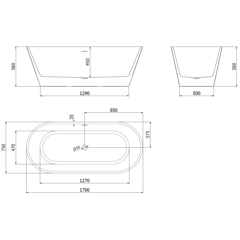 Mexen Yara voľne stojaca drážkovaná vaňa 170 x 75 cm, biela/čierna, prepad gun metal - 52861707575-95