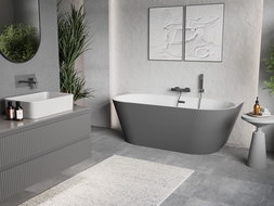 Mexen Oris samostatne stojaca rebrovaná vaňa 150 x 75 cm, biela/sivá, prepad gun metal - 52871507562-95