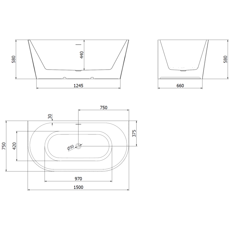 Mexen Oris voľne stojaca pri stene vrúbkovaná vaňa 150 x 75 cm, biela/čierna, prepad čierny - 52871507575-70