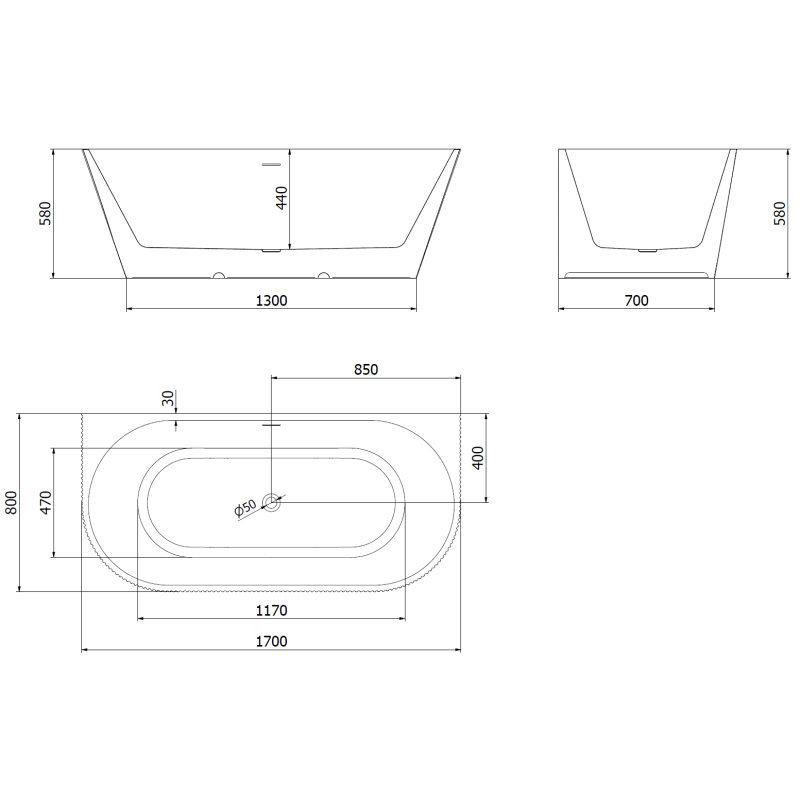 Mexen Oris samostatne stojaca pri stene ryhovaná 170 x 80 cm, biela/sivá, prepad gun metal - 52871708062-95