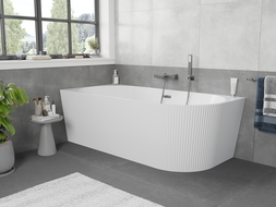 Mexen Silo voľne stojaca rohova ľavá ryhovaná vaňa 150 x 75 cm, biela, prepad gun gray brúsený - 52891507500L-66