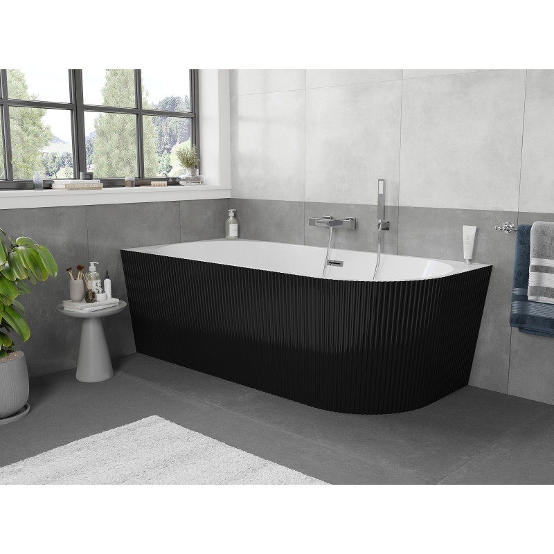 Mexen Silo voľne stojaca rohová ľavá ryhovaná vaňa 170 x 80 cm, biela/čierna, prepad chróm - 52891708075L-01