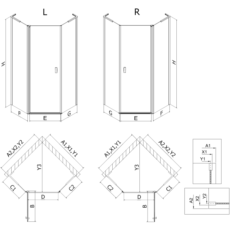 Mexen Mist L asymetrická pravouhlá sprchová kabína päťuholníková 80 x 90 cm, čierny rám, čierna - 8A8L-080-090-70-70-P