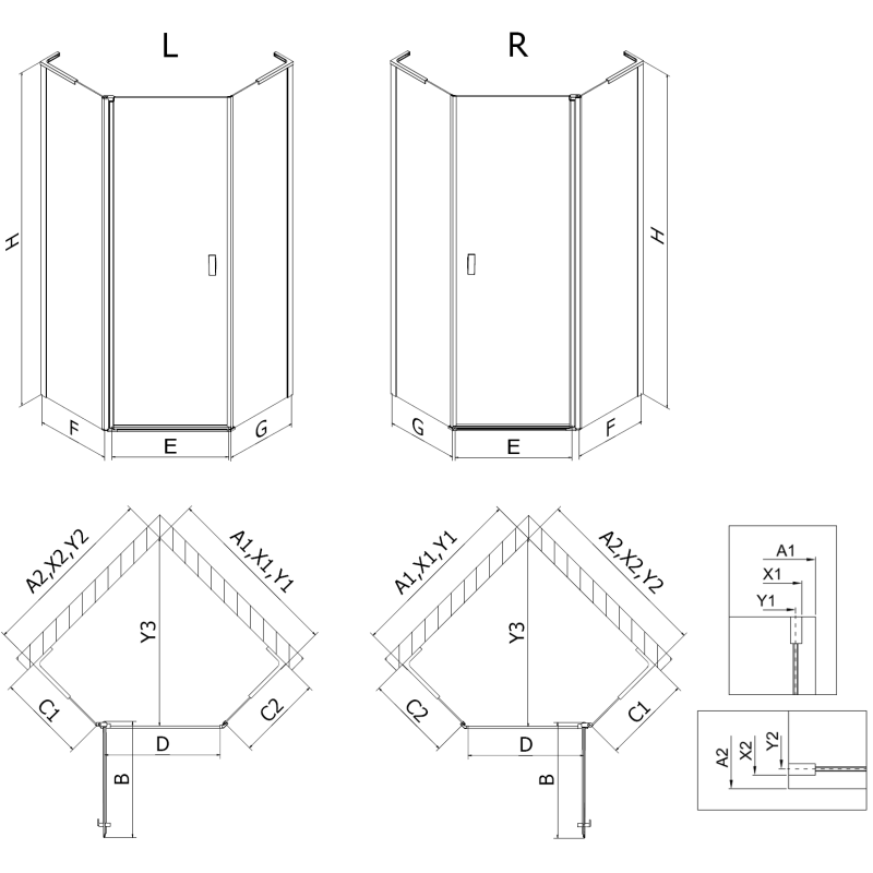 Mexen Mist L Päťuholníkový sprchový kút s výkyvnými dverami vľavo 80 x 80 cm, čierna mriežka, čierna