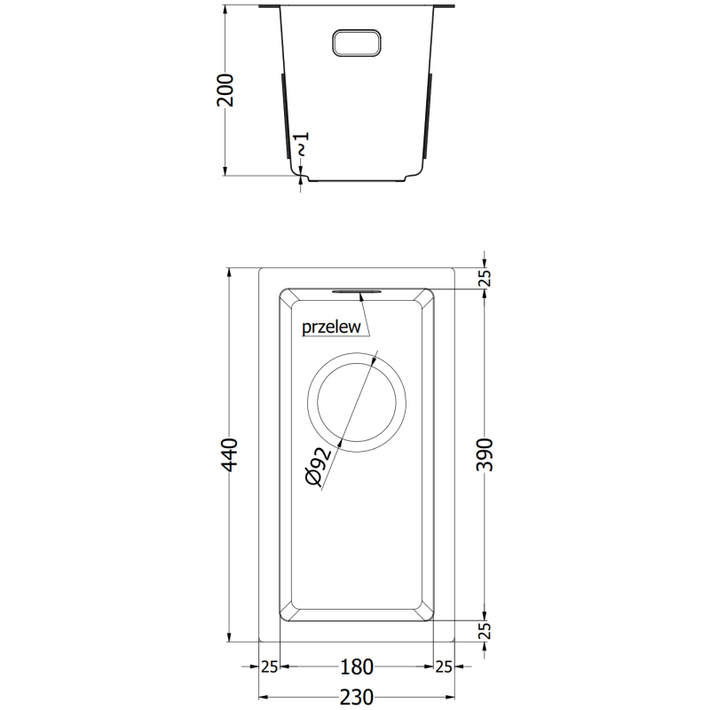Mexen Trixo nerezový drez 1-komorový 230 x 440 mm, inox HC - 6411221000-01HC