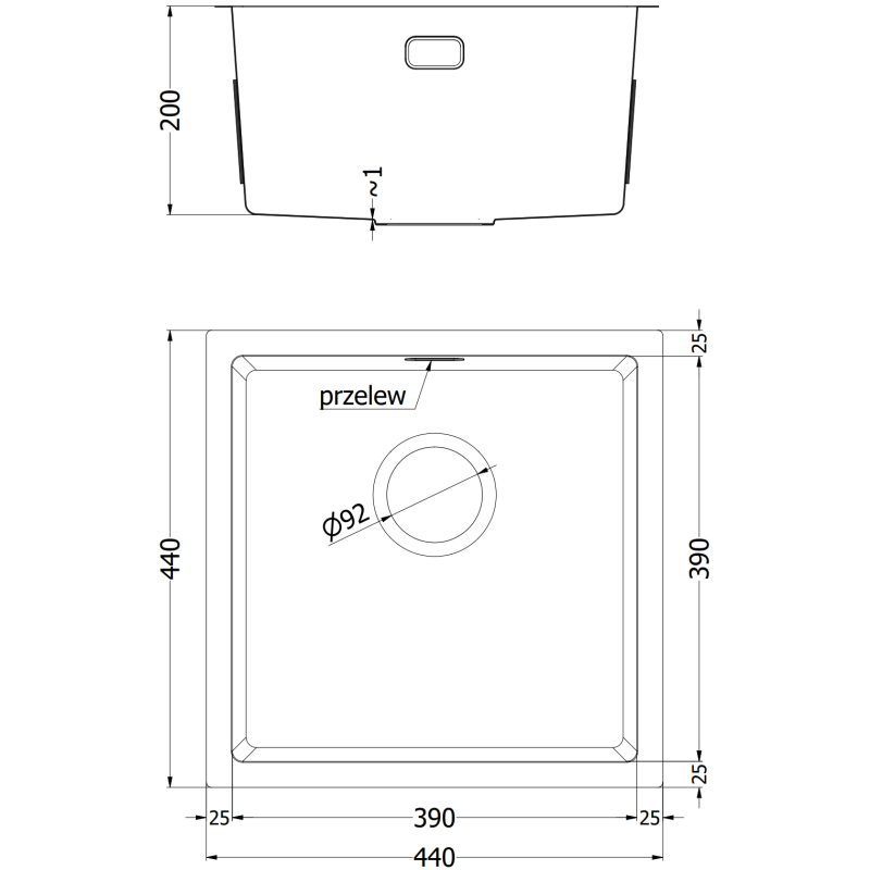 Mexen Trixo oceľový kuchynský drez 1-komorový 440 x 440 mm, inox HC - 6413441000-01HC