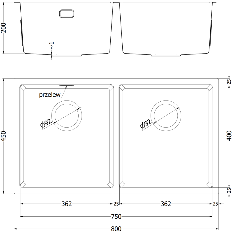 Mexen Binox oceľový drez 2-komorový 800 x 450 mm, inox HC - 6421802000-01HC