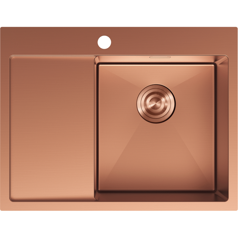 Mexen Exar nerezový kuchynský drez s jednou komorou a odkvapkávačom, pravý 620 x 480 mm, meď - 6432621005P-65
