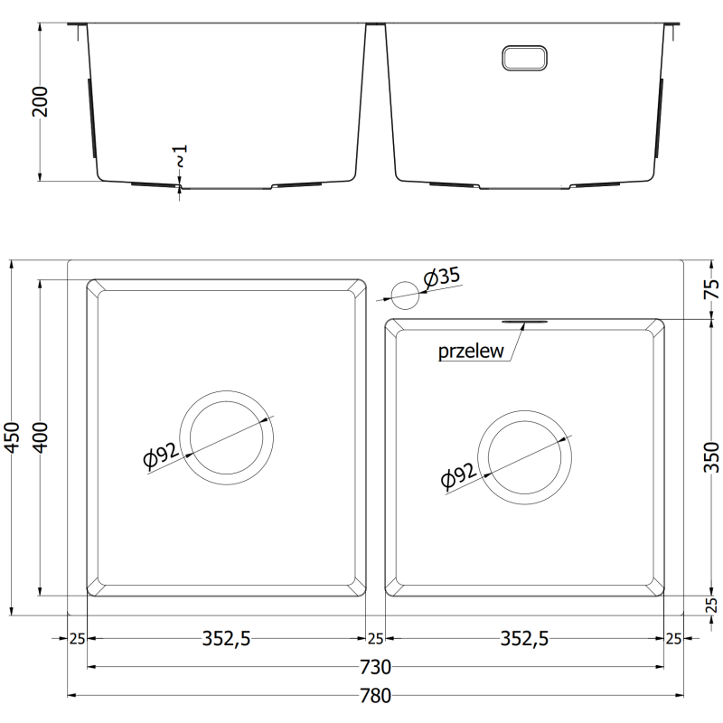 Mexen Xorin nerezový drez 2-komorový 780 x 450 mm, čierny - 6441782000-70