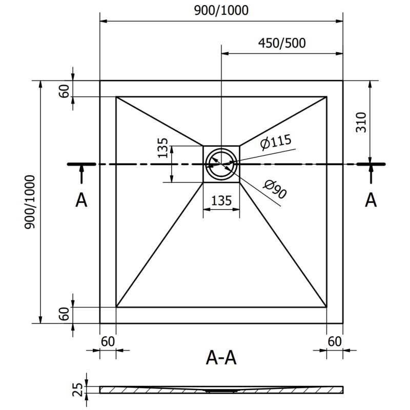Mexen Stone+ kompozitová štvorcová sprchová vanička 90 x 90 cm, biela - 44109090
