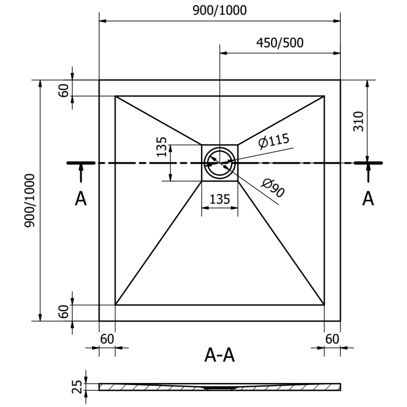 Mexen Stone+ kompozitová štvorcová sprchová vanička 90 x 90 cm, čierna - 44709090