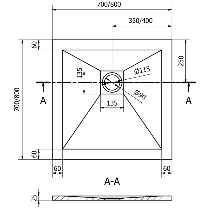 Mexen Stone+ kompozitná štvorcová sprchová vanička 70 x 70 cm, čierna - 44707070