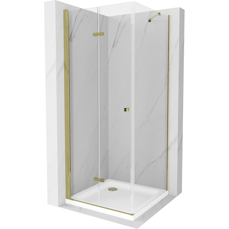 Mexen Lima skladací sprchový kút 90 x 90 cm, transparentný, zlatý + vanička Flat - 856-090-090-50-00-4010