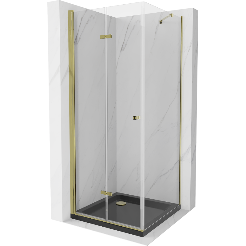 Mexen Lima sprchovací kút zložený 90 x 90 cm, transparentný, zlatý + vanička Flat, čierna - 856-090-090-50-00-4070G