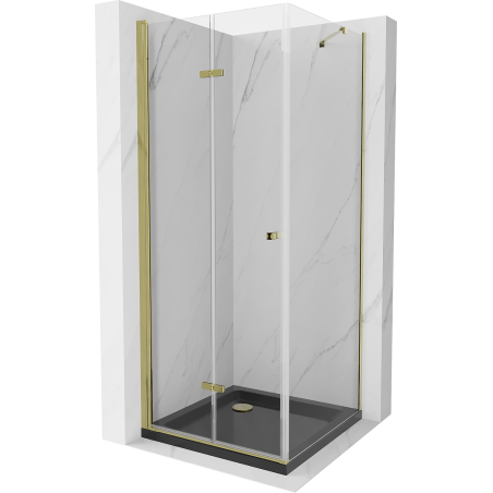 Mexen Lima skladacia sprchová kabína 90 x 90 cm, transparentná, zlatá + sprchová vanička Flat, čierna - 856-090-090-50-00-4070G
