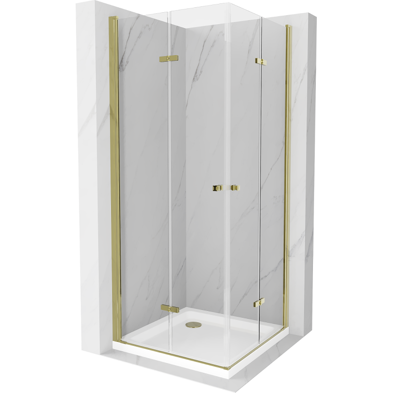 Mexen Lima Duo skladacie sprchovací kabína 70 x 70 cm, transparentný, zlatá + sprchová vanička Flat - 856-070-070-50-02-4010G