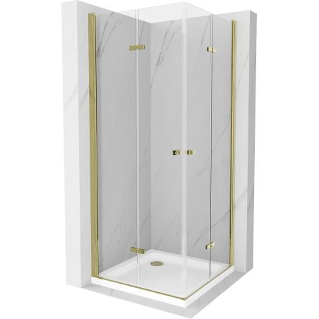 Mexen Lima Duo skladacie sprchovací kabína 70 x 70 cm, transparentný, zlatá + sprchová vanička Flat - 856-070-070-50-02-4010G