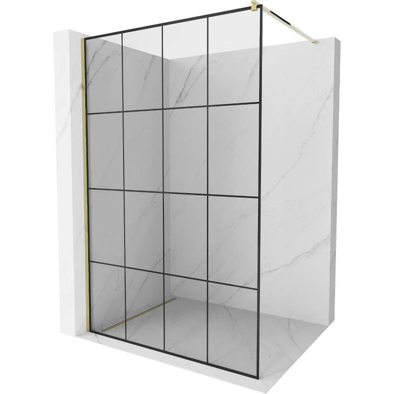 Mexen Kioto sprchová stena Walk-in 140 x 200 cm, čierna mriežka 8 mm, zlatá - 800-140-101-50-77