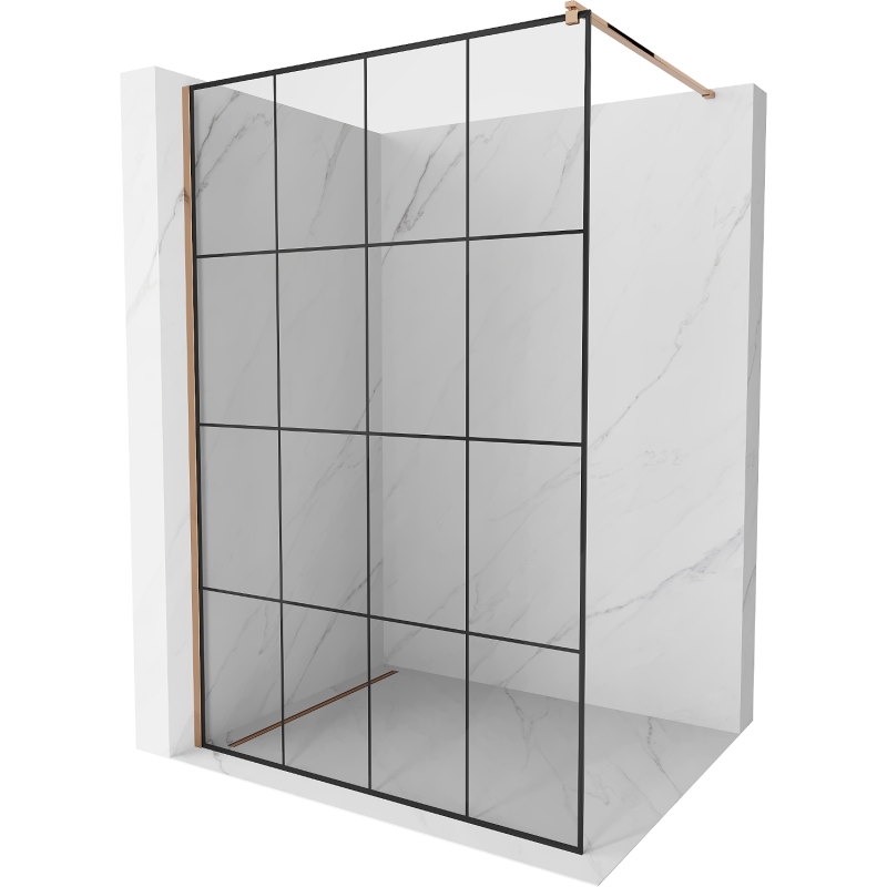 Mexen Kioto sprchová stena Walk-in 140 x 200 cm, čierna mriežka 8 mm, ružové zlato - 800-140-101-60-77