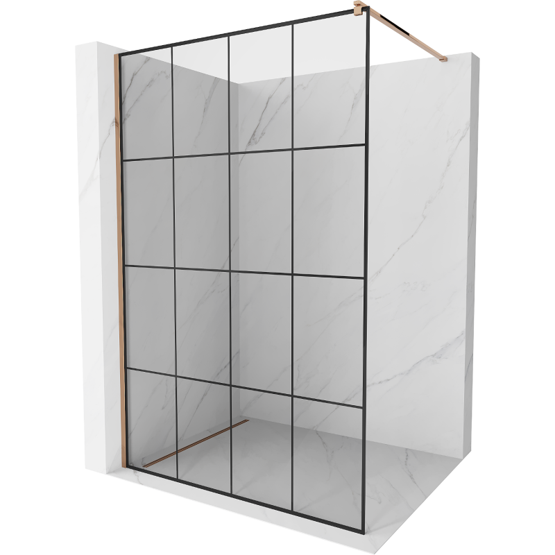 Mexen Kioto stena sprchového kúta Walk-in 140 x 200 cm, čierna mriežka 8 mm, ružové zlato - 800-140-101-60-77