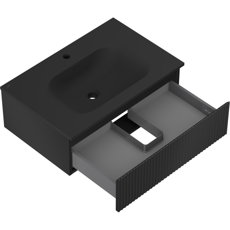 Mexen Rivel kúpeľňová skrinka 70 cm s umývadlom Vela, 1 zásuvka, ryhovaná, čierna matná - 91A20-07023-1-BF71-W23M71
