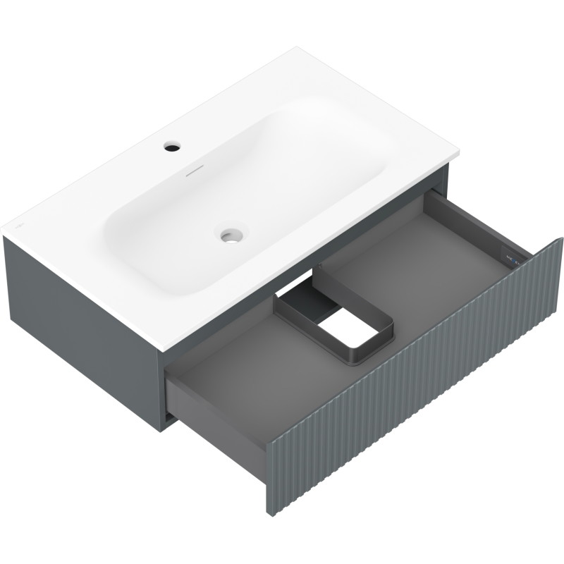 Mexen Rivel kúpeľňová skrinka 80 cm s umývadlom Vela, 1 zásuvka, ryhovaná, grafit mat/biela mat