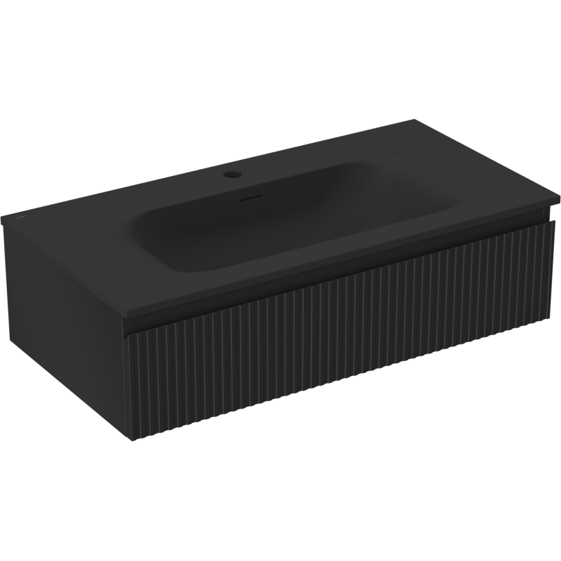 Mexen Rivel kúpeľňová skrinka 90 cm s umývadlom Vela, 1 zásuvka, ryhovaná, čierna mat - 91A20-09023-1-BF71-W23M71