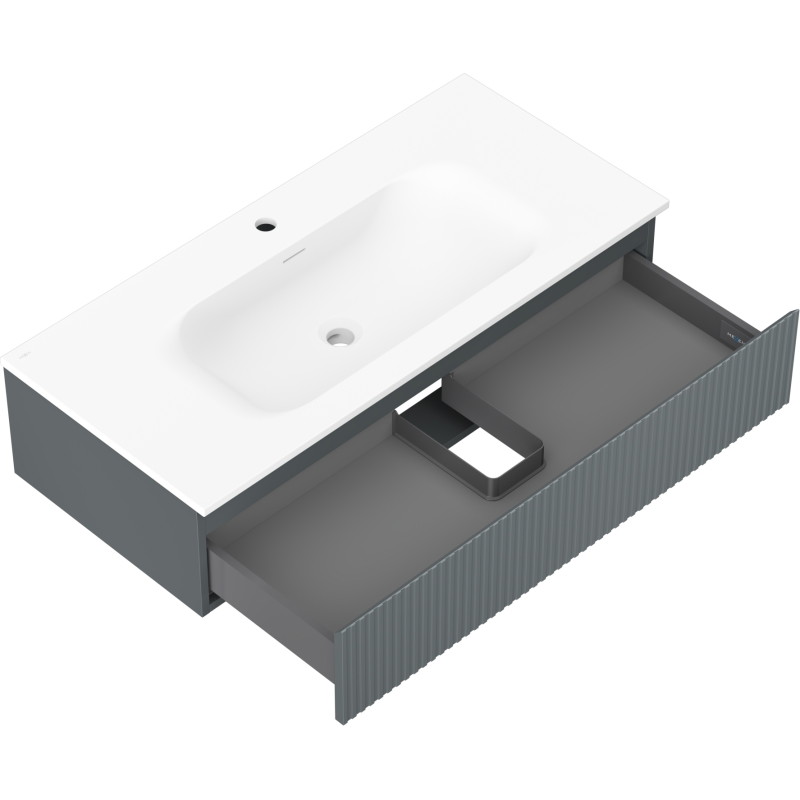 Mexen Rivel kúpeľňová skrinka 100 cm s umývadlom Vela, 1 zásuvka, ryhovaná, grafit mat/biela mat