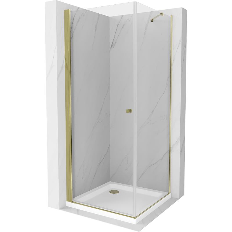 Mexen Pretoria sprchová kabína výklopná 90 x 90 cm, transparentná, zlatá + sprchová vanička Flat - 852-090-090-50-00-4010