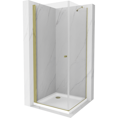Mexen Pretoria sprchová kabína výklopná 90 x 90 cm, transparentná, zlatá + sprchová vanička Flat - 852-090-090-50-00-4010