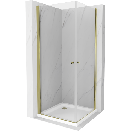 Mexen Pretoria Duo sprchový kút, skladacie dvere 80 x 80 cm, priehľadný, zlatý + vanička Flat - 852-080-080-50-02-4010G