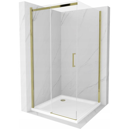Mexen Omega posuvná sprchová kabína 100 x 100 cm, priehľadná, zlatá + sprchová vanička Flat - 825-100-100-50-00-4010