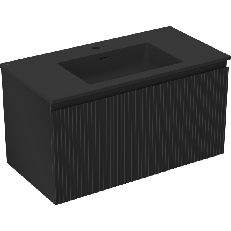 Mexen Rivel kúpeľňová skrinka 90 cm s umývadlom Otis, 1 zásuvka, ryhovaná, čierna matná - 91A20-09047-1-BF71-W18M71