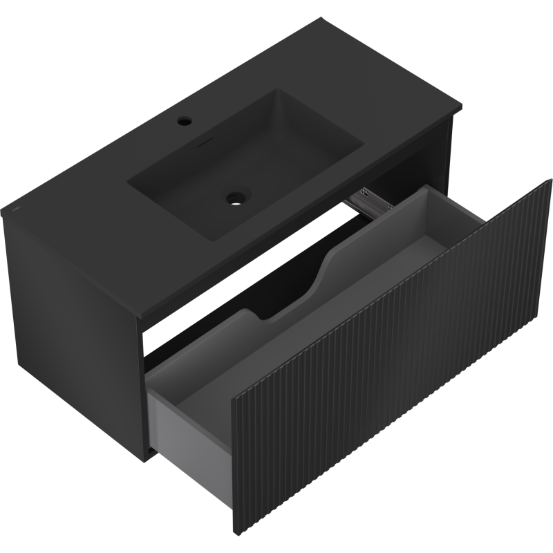 Mexen Rivel kúpeľňová skrinka 100 cm s umývadlom Otis, 1 zásuvka, ryhovaná, čierna matná - 91A20-10047-1-BF71-W18M71