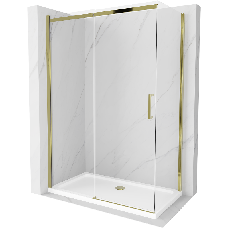 Mexen Omega posuvná sprchová kabína 140 x 70 cm, transparentná, zlatá + vanička Flat - 825-140-070-50-00-4010