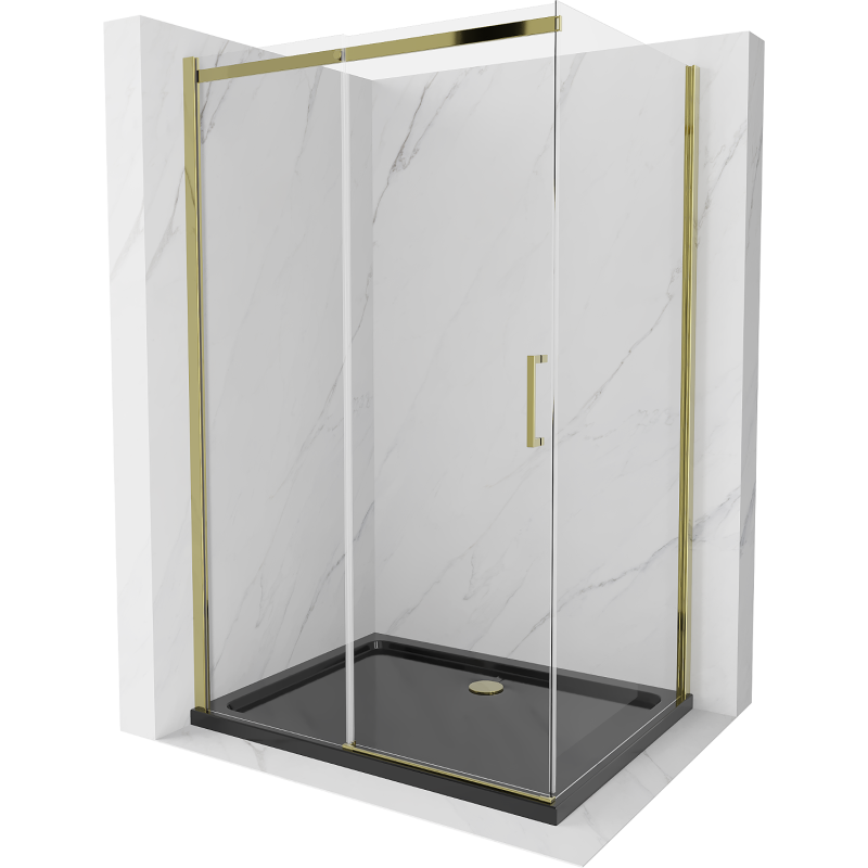 Mexen Omega sprchová kabína posuvná 120 x 80 cm, transparentná, zlatá + sprchová vanička Flat, čierna - 825-120-080-50-00-4070G