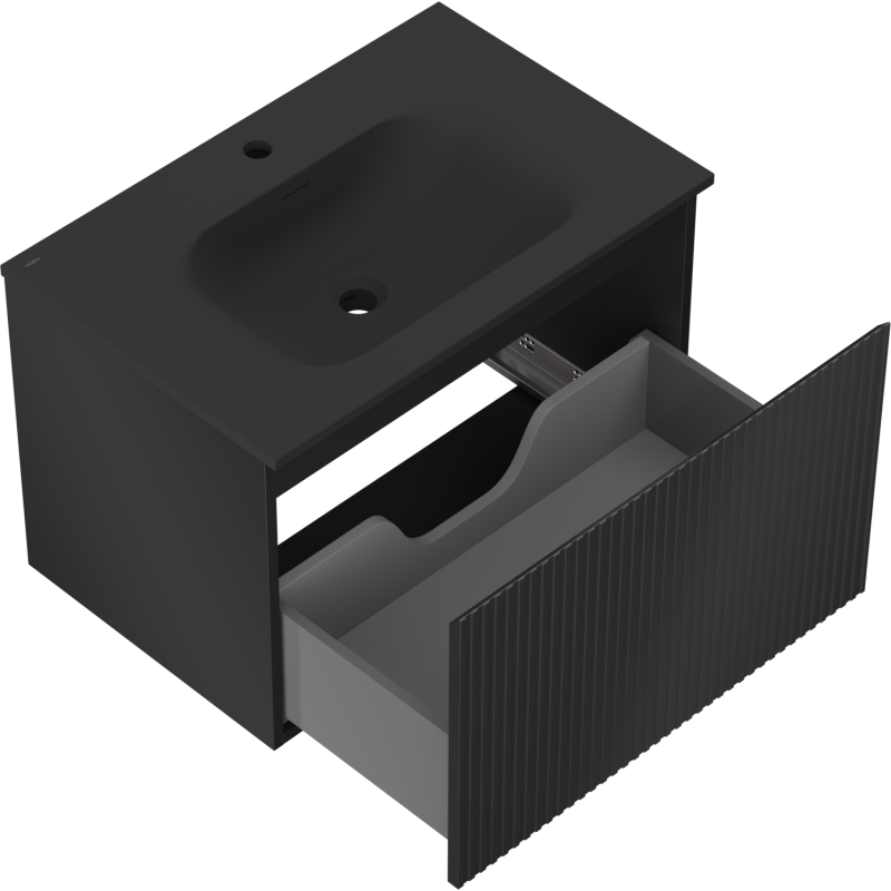 Mexen Rivel kúpeľňová skrinka 70 cm s umývadlom Vela, 1 zásuvka, ryhovaná, čierna mat - 91A20-07047-1-BF71-W23M71