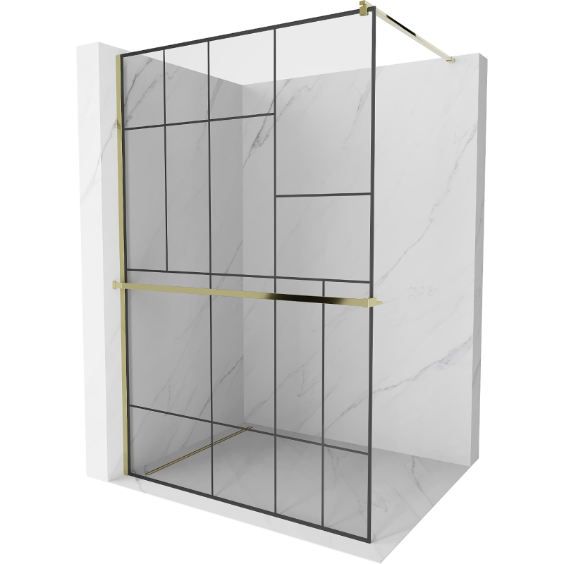 Mexen Kioto+ sprchová stena s poličkou Walk-in 100 x 200 cm, čierny vzor, zlatá - 800-100-121-50-78