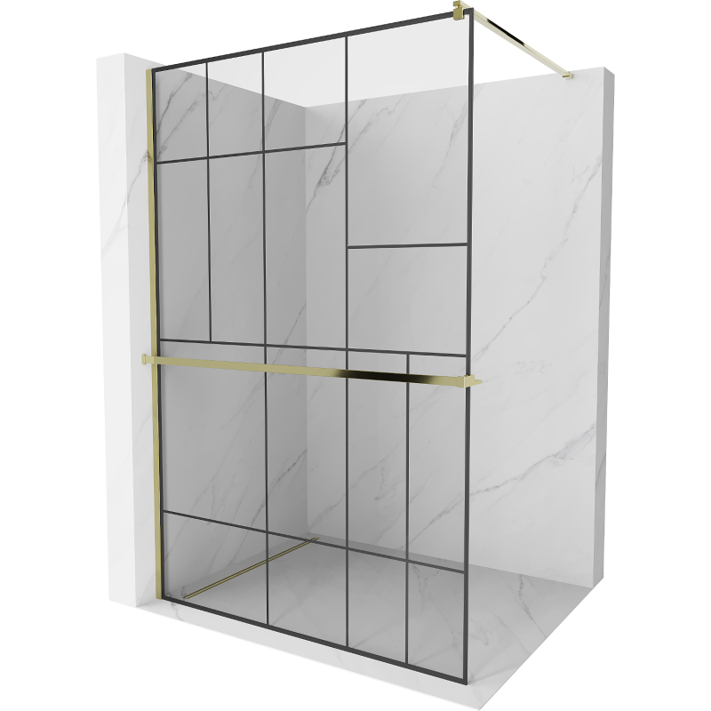 Mexen Kioto+ sprchová stena s poličkou Walk-in 130 x 200 cm, čierny vzor, zlatá - 800-130-121-50-78